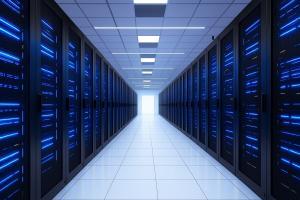 Futuristic Data Center Corridor with Blue Server Lights