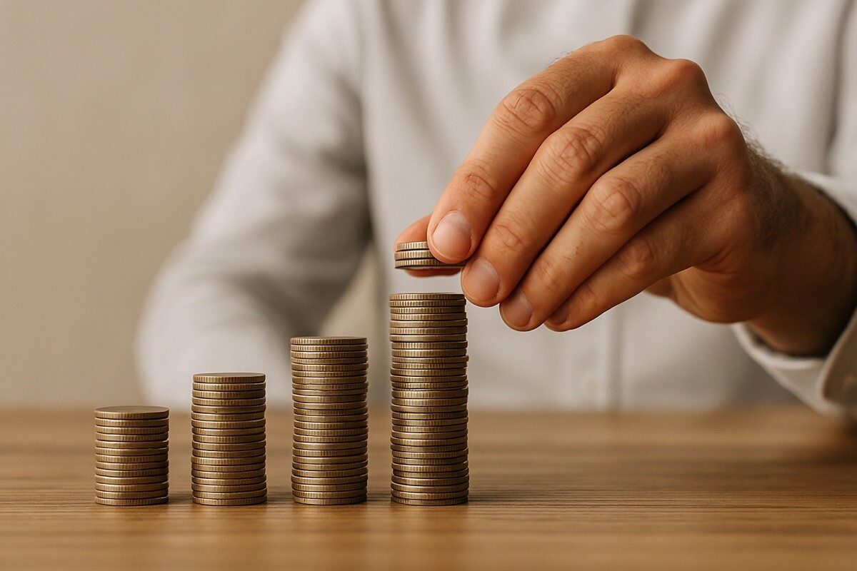 Man's Hand putting stack of coins