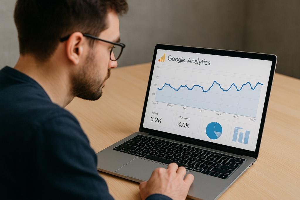 Focused Analytics: A Man Reviewing Google Insights on His MacBook