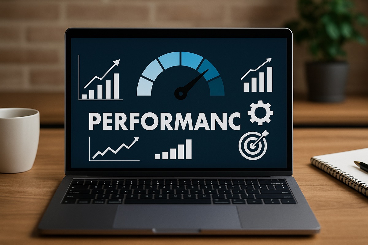 Laptop on Desk Displaying Performance Metrics